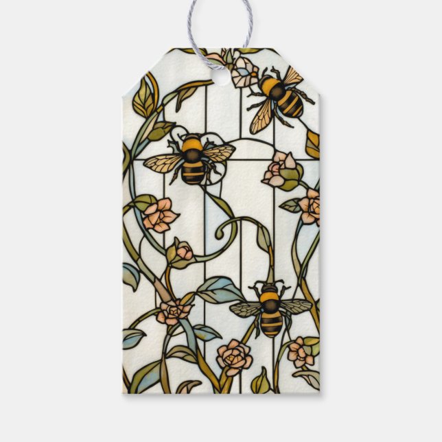 Étiquettes-cadeau Élégant vitrail botanique art nouveau abeille (Devant)
