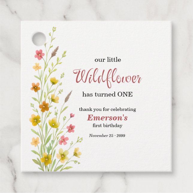 Étiquettes Cadeau Elegant Yellow Wildflower 1st Birthday Party (Devant)