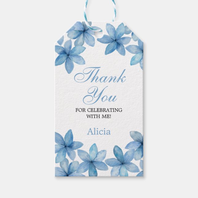 Étiquettes-cadeau Elégante aquarelle bleu Fleur d'anniversaire Merci (Devant)
