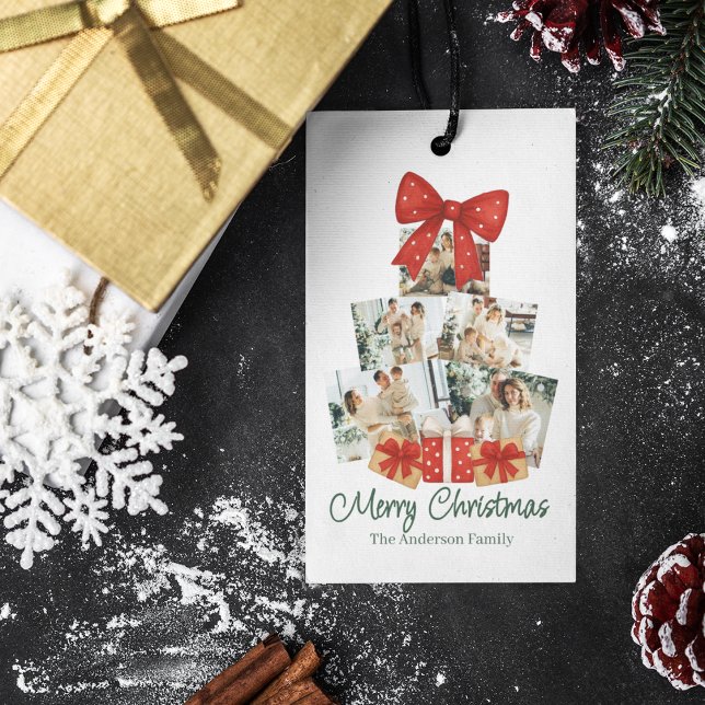 Étiquettes-cadeau Elégante aquarelle Bow rouge famille sapin de Noël (Créateur téléchargé)