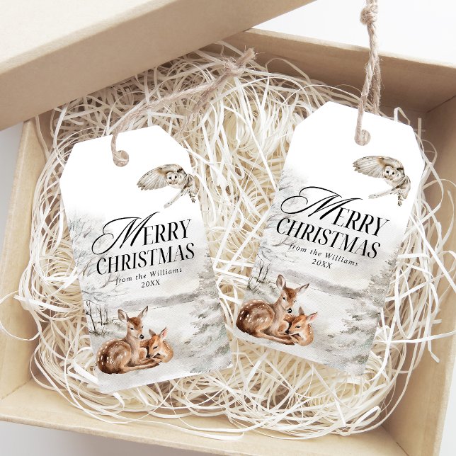 Étiquettes-cadeau Elégante aquarelle de cerf floral Joyeux Noël (Créateur téléchargé)