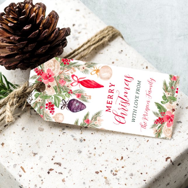 Étiquettes-cadeau Elégante aquarelle fleurie de pin bauble Noël (Elegant bauble pine floral watercolor Christmas Gift Tags)