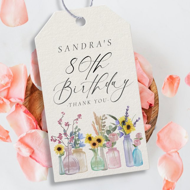 Étiquettes-cadeau Elégante aquarelle florale 80e anniversaire Merci (Créateur téléchargé)