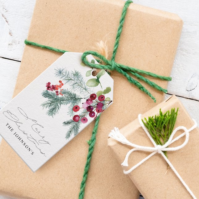 Étiquettes-cadeau Elégante aquarelle hiver verdure Berries rouges (Elegant Watercolor Winter Greenery Red Berries Gift Tags)