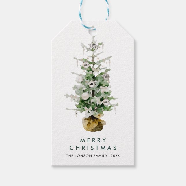 Étiquettes-cadeau Elégante aquarelle Noël Pine Tree Salutation (Devant)