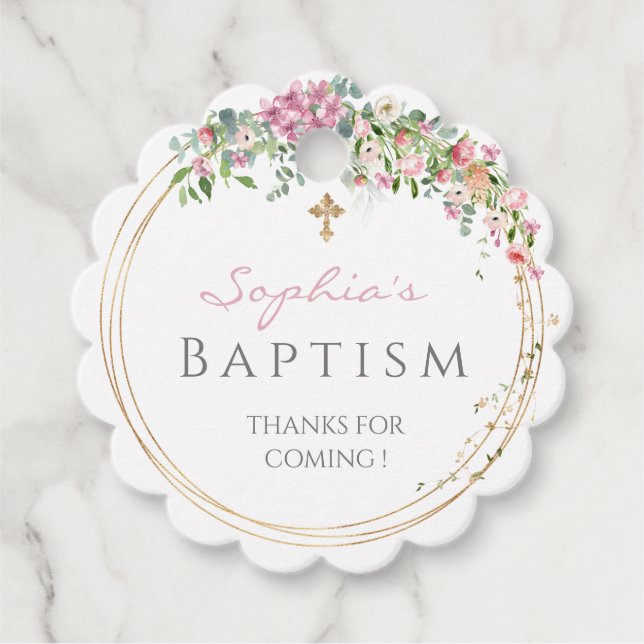 Étiquettes Cadeau Elégante Aquarelle rose Floral Girl Baptism Favou (Devant)