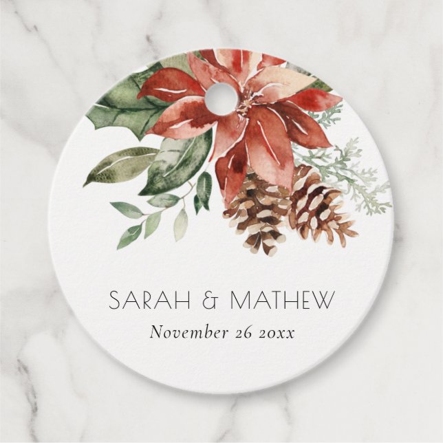 Étiquettes Cadeau Elégante aquarelle rouge poinsététie vert pin cône (Devant)