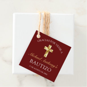 Étiquettes Cadeau Elegante Bautismo de Bebé Borgoña Dorado
