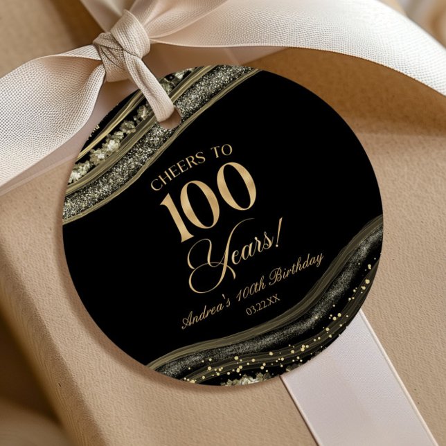 Étiquettes Cadeau Elégante Black Gold Agate 100e fête d'anniversaire (Créateur téléchargé)