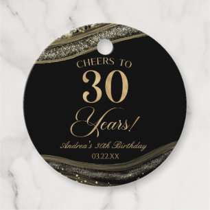 Étiquettes Cadeau Elégante Black Gold Agate 30e fête d'anniversaire