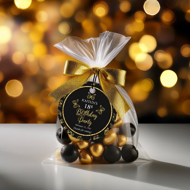Étiquettes Cadeau Elégante Black Gold Butterflies 40e fête d'anniver (Elegant Black and Faux Gold Butterflies 40th Birthday Party  Party Favor Tags)