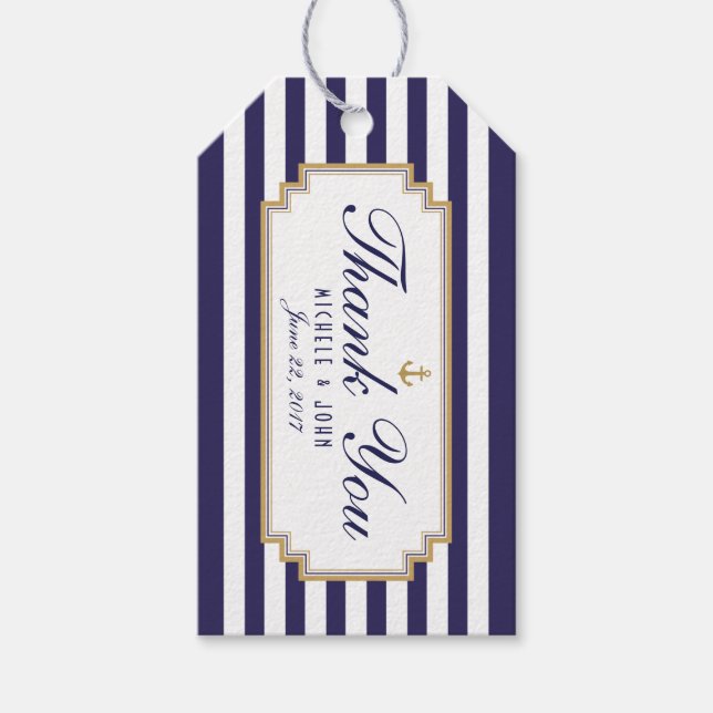 Étiquettes-cadeau Élégante Bleu Nautique Blancs Merci Cadeaux (Devant)