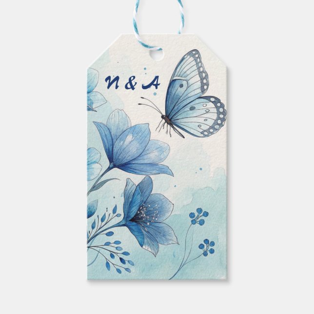 Étiquettes-cadeau Élégante Bleue Floral & Papillon personnalisé étiq (Devant)
