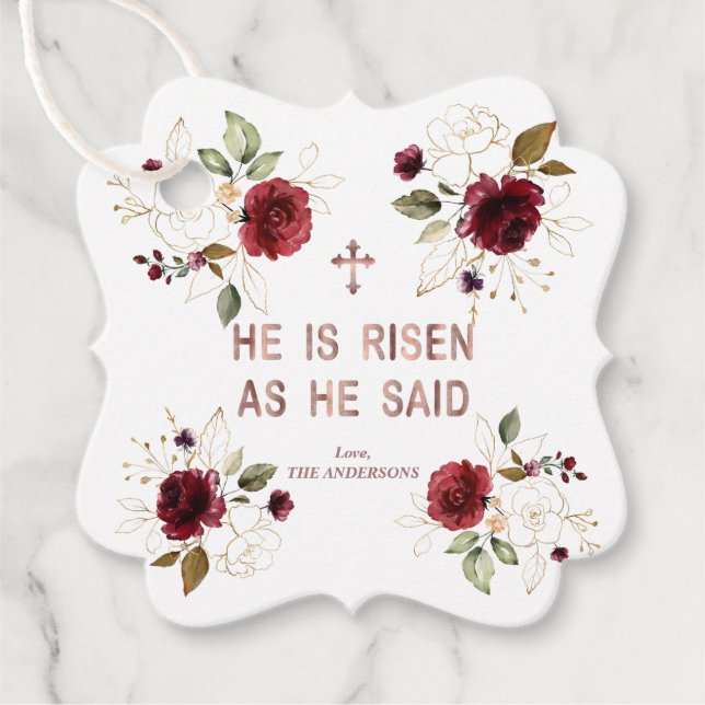 Étiquettes Cadeau Elégante Bourgogne Fleurs Or Il Est Ressuscité Pâq (Devant)