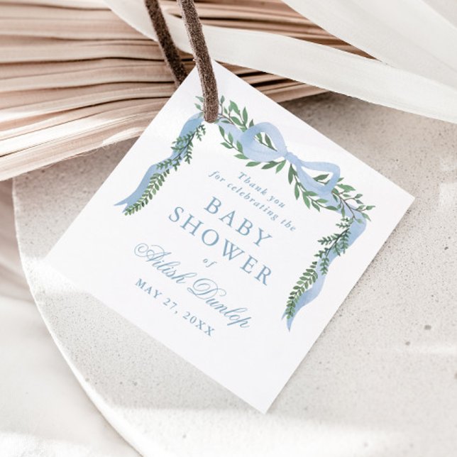 Étiquettes Cadeau Elégante Bow Bleue avec Baby shower Garçon Vert (Elegant blue bow greenery baby shower thank you favor tags.)