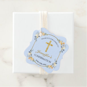 Étiquettes Cadeau Elégante Broche Bleue Or Floral Girls Confirmation