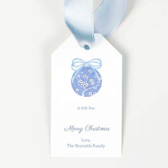 Étiquettes-cadeau Élégante Chinoiserie Bauble Noël personnalisé (Blue and white cherry blossom chinoiserie ornament with light blue bow merry christmas gift tags)