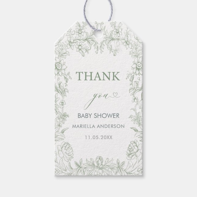 Étiquettes-cadeau Élégante chinoiserie florale verte aquarelle (Devant)