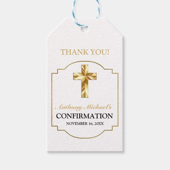 Étiquettes-cadeau Élégante confirmation catholique or blanc (Devant)