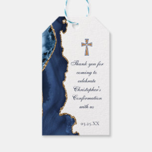 Étiquettes-cadeau Élégante confirmation Croix Marine Blue Gold Agate