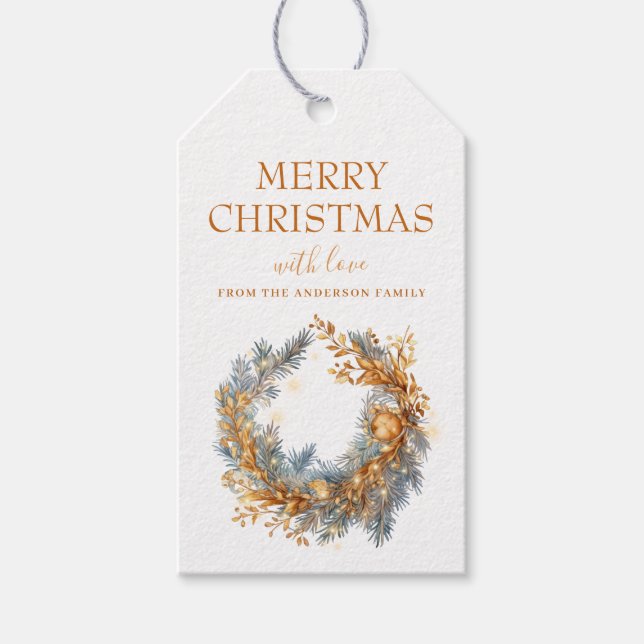 Étiquettes-cadeau Élégante couronne de Noël Or personnalisée (Devant)