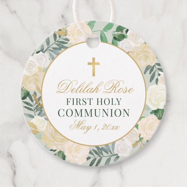 Étiquettes Cadeau Élégante couronne florale Première communion Or ve (Devant)