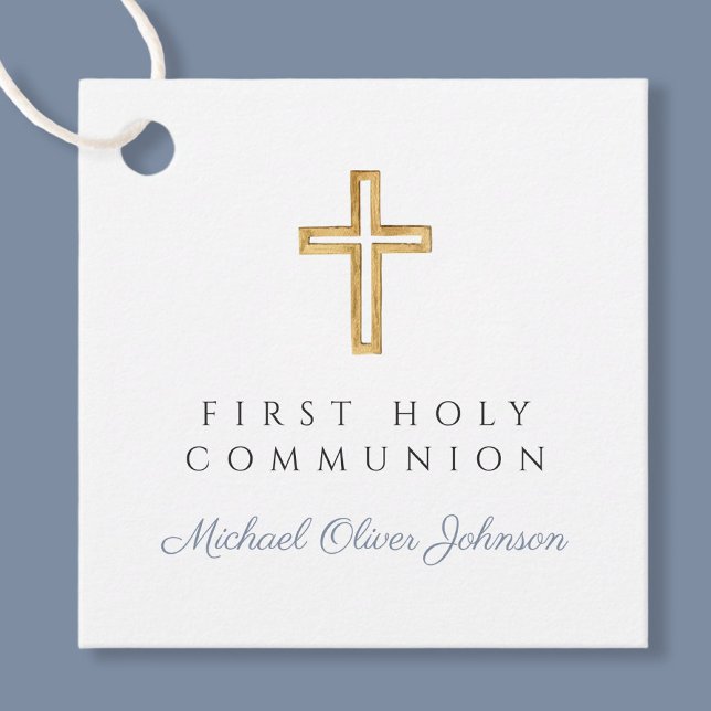 Étiquettes Cadeau Elégante Croix Bleue Boy First Communion (Elegant Blue Cross Boy First Communion Favor Tags)