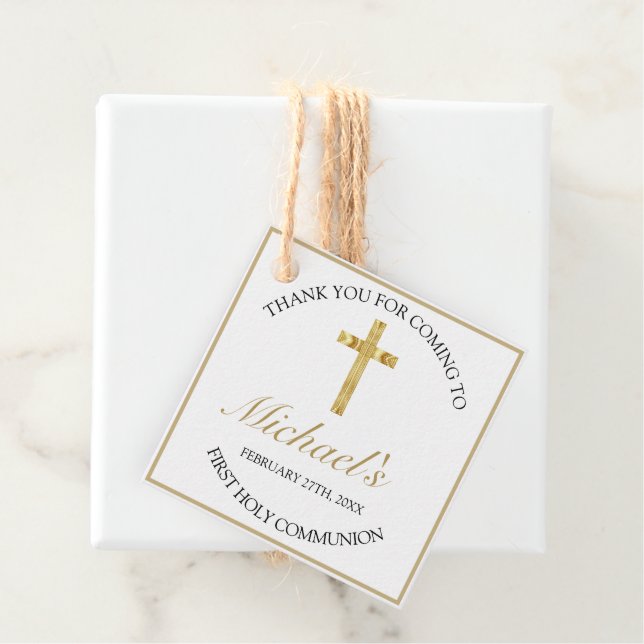 Étiquettes Cadeau Elégante Croix d'or Première Sainte Communion Blan (En situation)