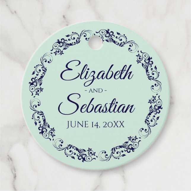 Étiquettes Cadeau Elégante dentelle Bordure Marine Bleu & Mint Vert  (Devant)
