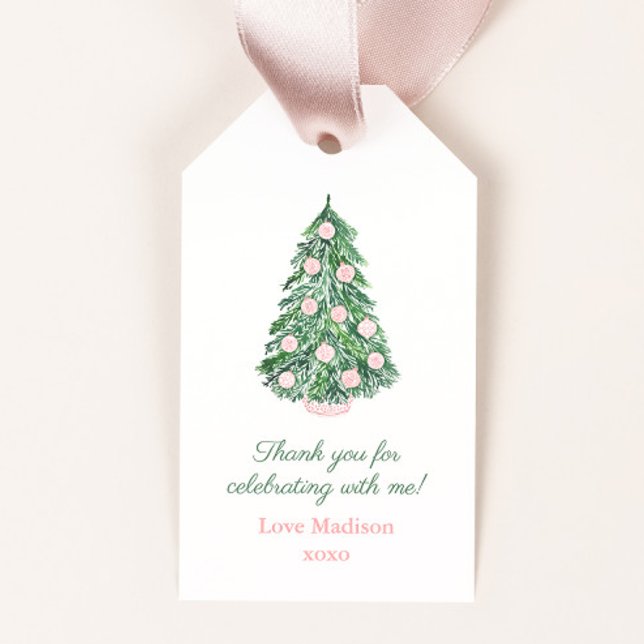 Étiquettes-cadeau Élégante Fête des mariées de Noël rose vert Favori (Watercolor Christmas tree with pink and white chinoiserie chic ornaments bridal shower favor tags)