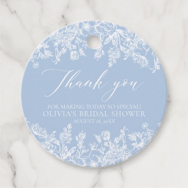 Étiquettes Cadeau Elégante Fête des mariées florale bleu-blanc Dusty (Devant)
