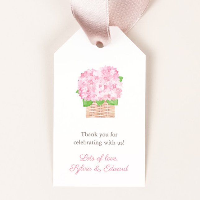 Étiquettes-cadeau Élégante Fête des mariées rose Hydrangea Al Fresco (Pretty pink hydrangea in wicker basket baby shower favor tags)