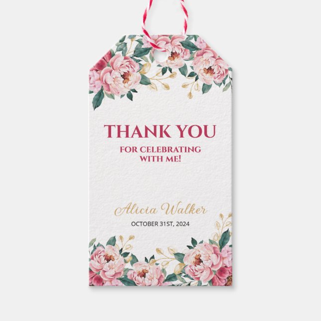 Étiquettes-cadeau Elégante feuille d'or rouge rose Peony Flower (Devant)