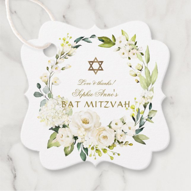 Étiquettes Cadeau Elégante Fleurs Blanches Star de David Bat mitzvah (Devant)
