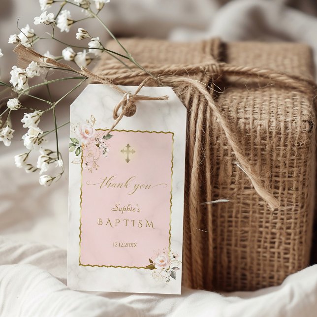 Étiquettes-cadeau Élégante Fleurs Roses Baptême Or (Créateur téléchargé)