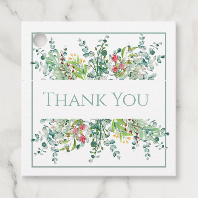 Étiquettes Cadeau Élégante flore verte aquarelle Merci  (Devant)