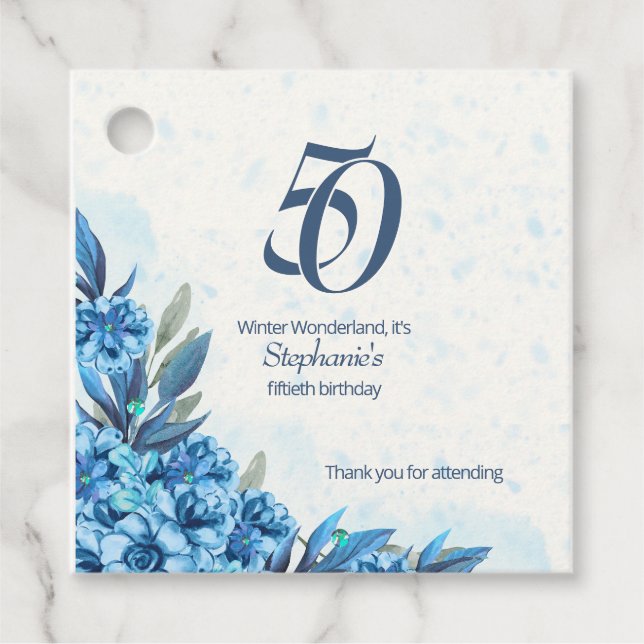 Étiquettes Cadeau Elégante hiver Fleurs Bleues Bleues 50e anniversai (Devant)
