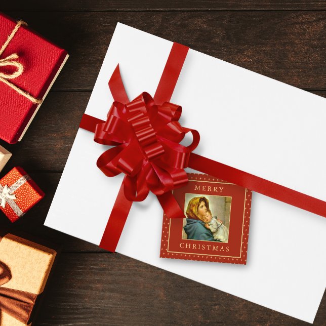Étiquettes Cadeau Élégante Madonna & Enfant Noël religieux (Religious Christmas gift tag with Madonna and Child in red and gold for Catholics and Christians)