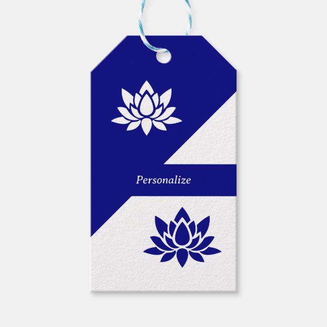 Étiquettes-cadeau Elégante Marine Bleu Blanc Zen Yoga Lotus Fleur (Devant)