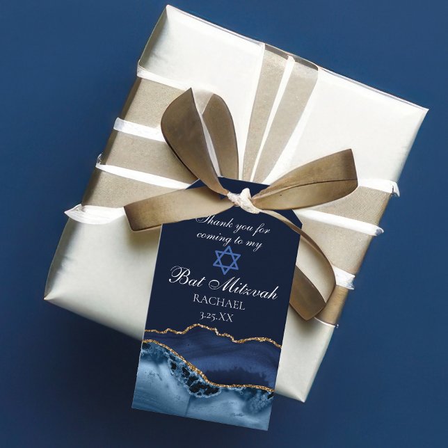 Étiquettes-cadeau Elégante Marine Blue Gold Agate Bat mitzvah Party (Créateur téléchargé)