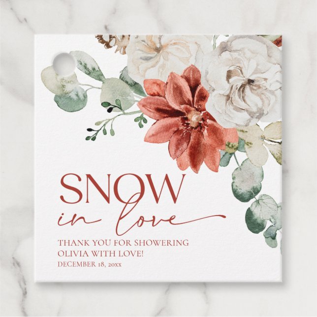 Étiquettes Cadeau Élégante Neige Rouge dans l'Amour Mariage d'Hiver (Devant)