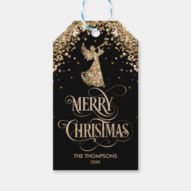 Étiquettes-cadeau Elégante Parties scintillant or Trumpet Angel Joye (Devant)