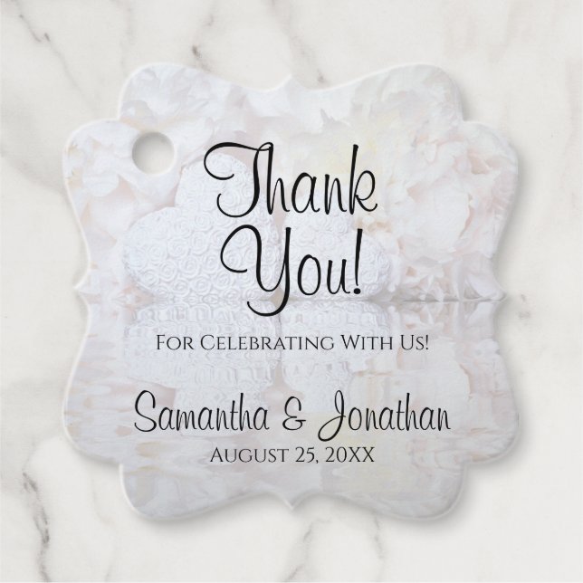 Étiquettes Cadeau Elégante Peonies Blanches & Coeurs Mariage Merci (Devant)