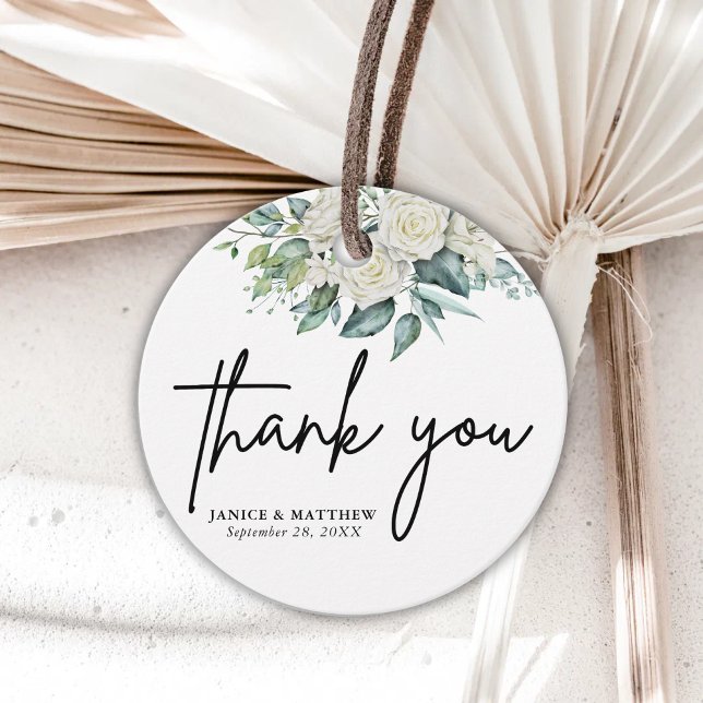 Étiquettes Cadeau Élégante Rose blanche verte Mariage Floral (Créateur téléchargé)