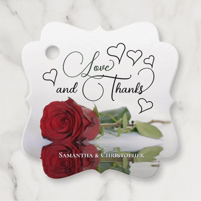 Étiquettes Cadeau Élégante Rose rouge & Coeurs Amour & Merci Mariage (Devant)