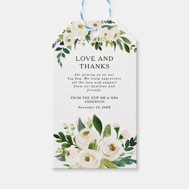 Étiquettes-cadeau Elégante Roses Blanches Verdure Merci Mariage (Devant)