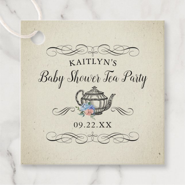 Étiquettes Cadeau Elégante Tea Party Vintage | BABY SHOWER (Devant)