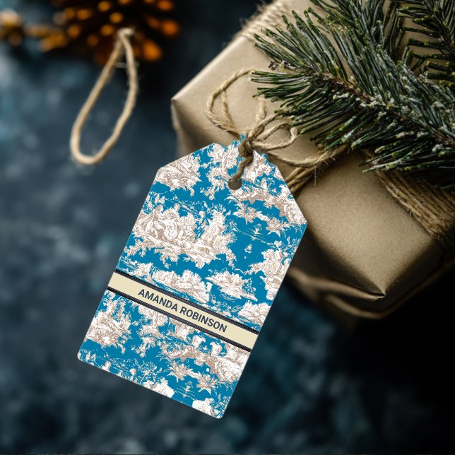 Étiquettes-cadeau Elégante toile turquoise vintage de jouy (Créateur téléchargé)