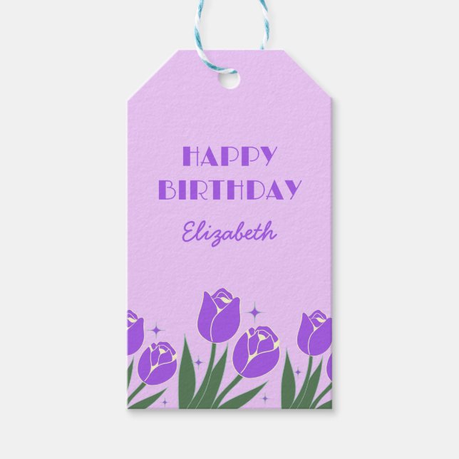 Étiquettes-cadeau Elégante Tulipe rétro Floral Violet Anniversaire (Devant)