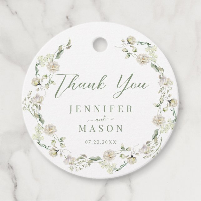 Étiquettes Cadeau Élégante verdure Florale Mariage d'été Merci (Devant)